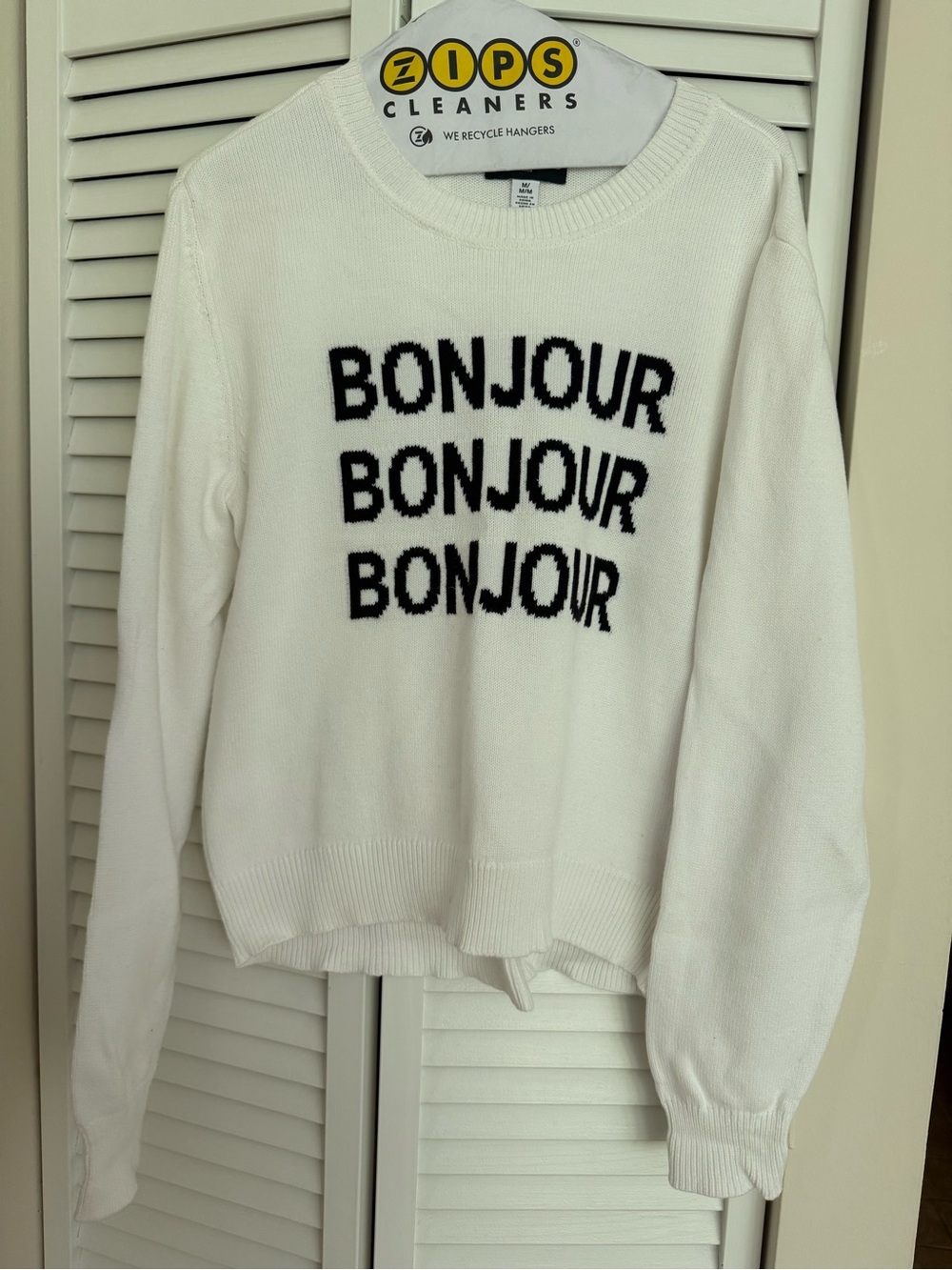 Karl Lagerfeld White Crewneck Sweater with Black 'BONJOUR' Text